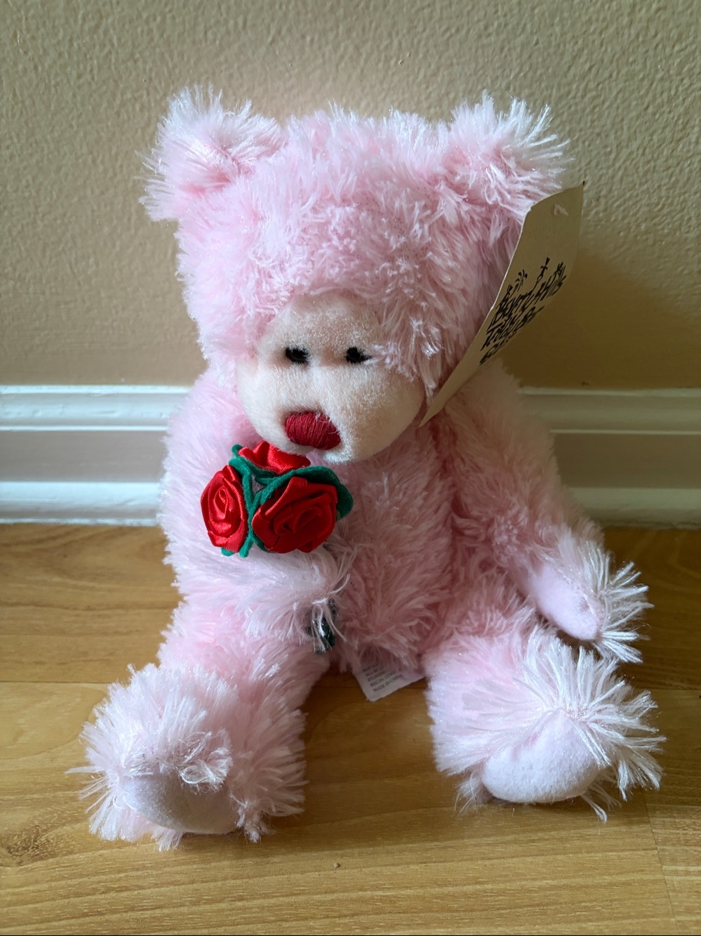New Pink Adorable Beverly Hills Stuffed Teddy Bear holding roses. Soft Plush